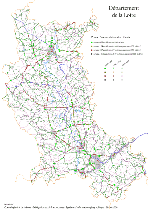 Carte des zones d'accumulation d'accidents dans le Département de la Loire