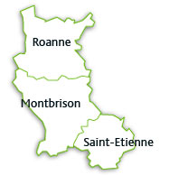 Carte de la Loire divisÃ©e en 3 zones gÃ©ographiques : zone 1 autour de Roanne, zone 2 autour de Montbrison, zone 3 autour de Saint-Ãtienne