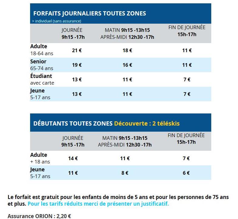 tarifs 2017