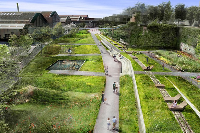 Équipé de jeux pour enfants, d’une aire de pique-nique, d’une piste de roller, d’un théâtre de verdure… le parc reliera le centre-ville aux quartiers d’Izieux et de Creux par un cheminement réservé aux modes doux.   © Cap Métropole / Villes & Paysages